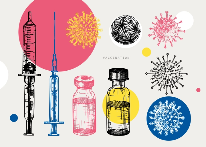 Coronavirus vaccine vector set. Hand sketched concept of Covid-19 corona virus vaccination with vaccine bottle, syringe injection tools and geometric elements.
